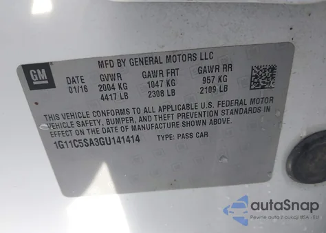 2016 Chevrolet Malibu Limited Lt z USA, uszkodzony, nr VIN 1G11C5SA3GU141414